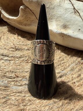 Southwest Cactus Stamped Wide Sterling Silver Tone Ring